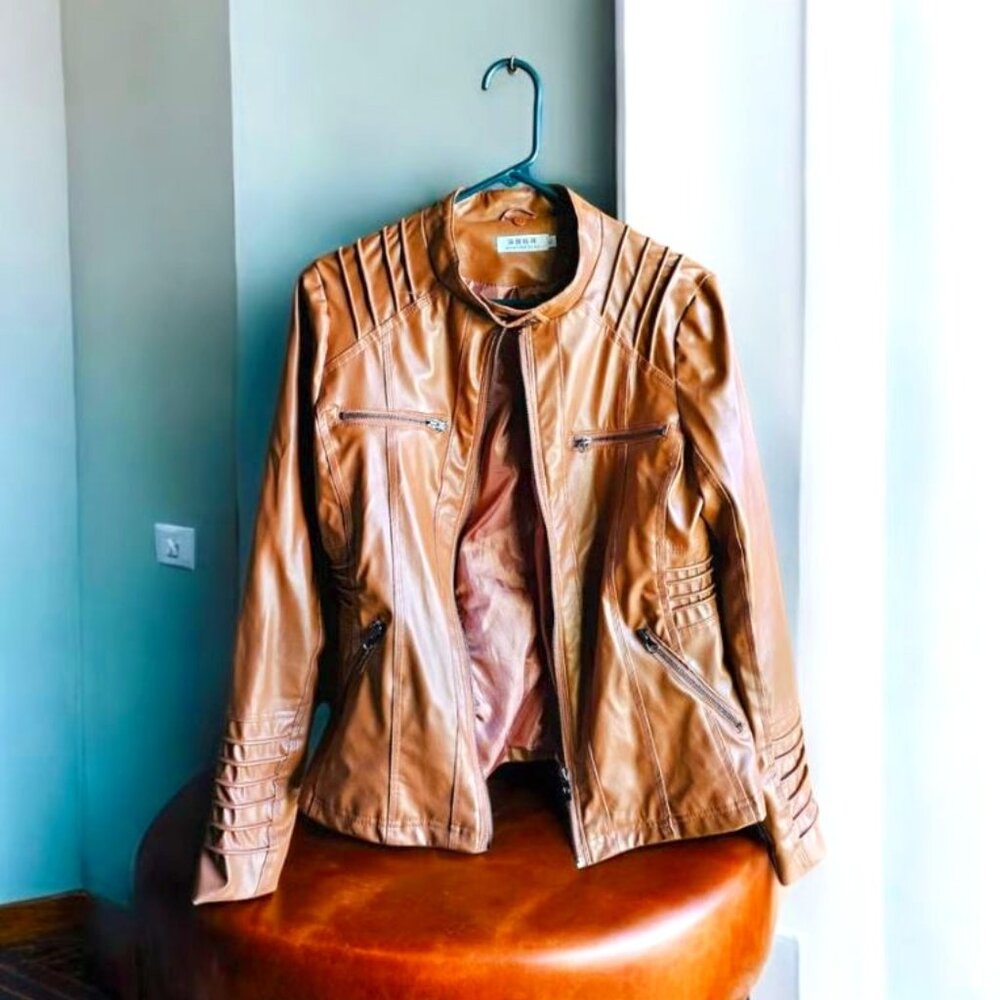 Hanyagediao Womens Leather Jacket w/ Zipper